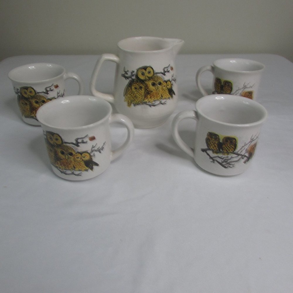 Enesco Tea Pot 4 Mug Set Owls Vintage